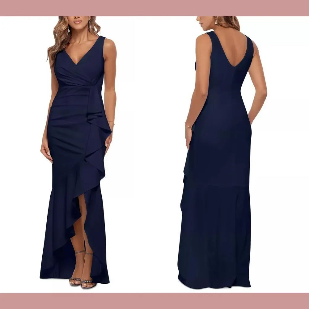 NWT $249 Betsy & Adam [ 6‎ ] V Neck Ruffled High-Low Gown Navy Blue
